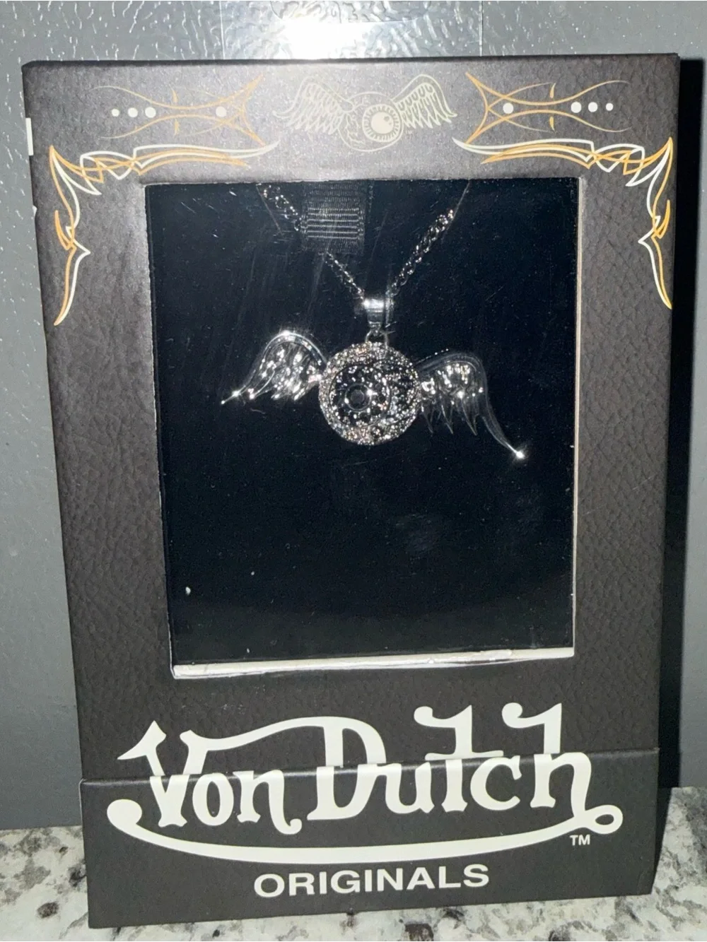 Von Dutch Silver Winged Round Pendant Necklace with Crystal Accent